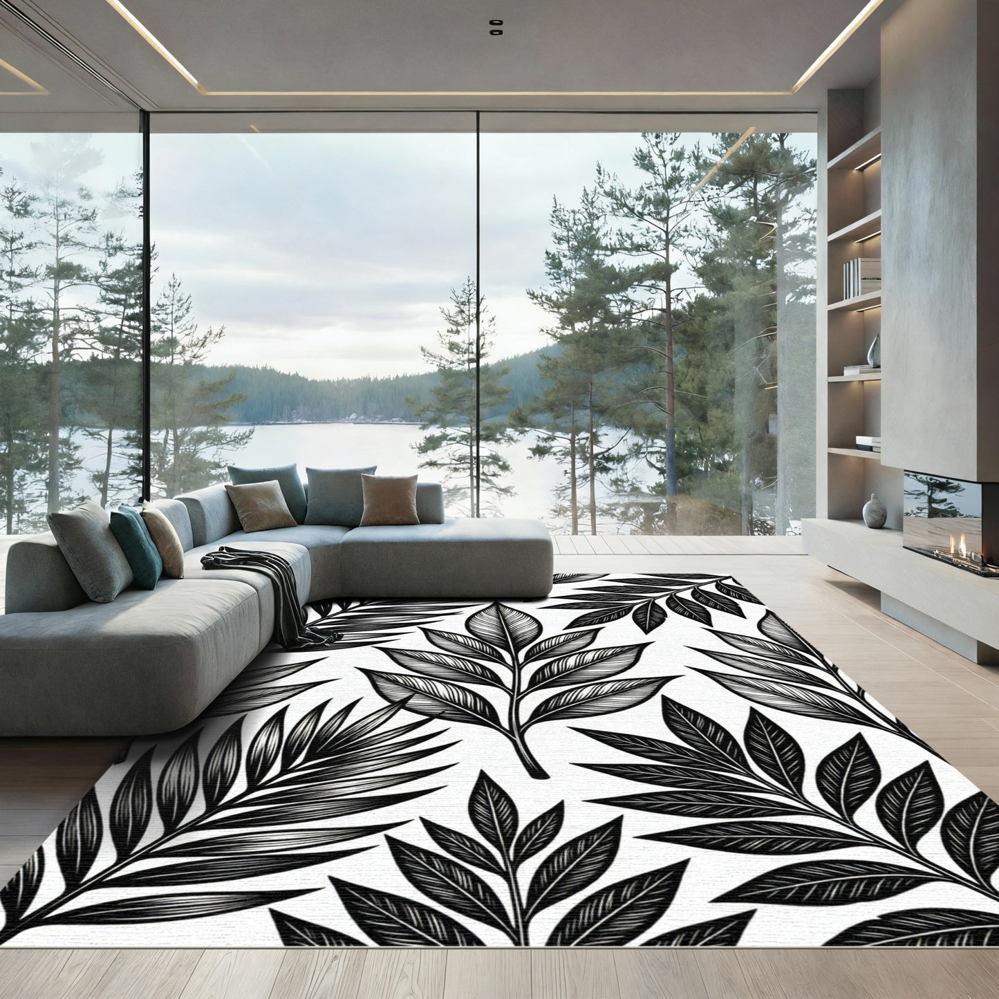 Monochrome Tropical Leaves Foliage Rug