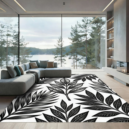 Monochrome Tropical Leaves Foliage Rug
