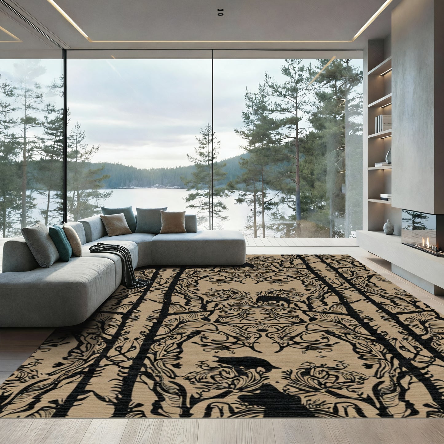 Striking Black Wildlife Forest Tapestry Rug