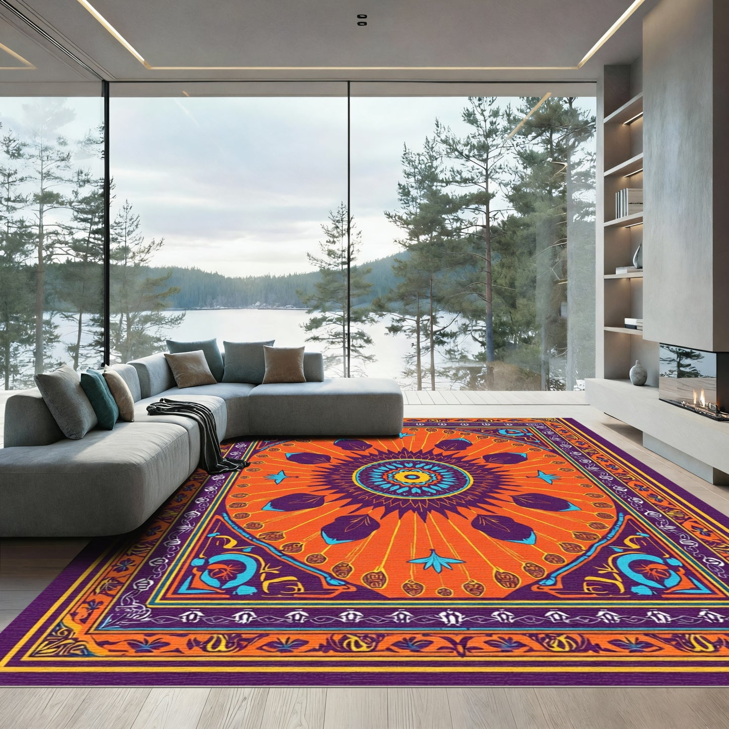 Vibrant Orange Burst Mandala Rug