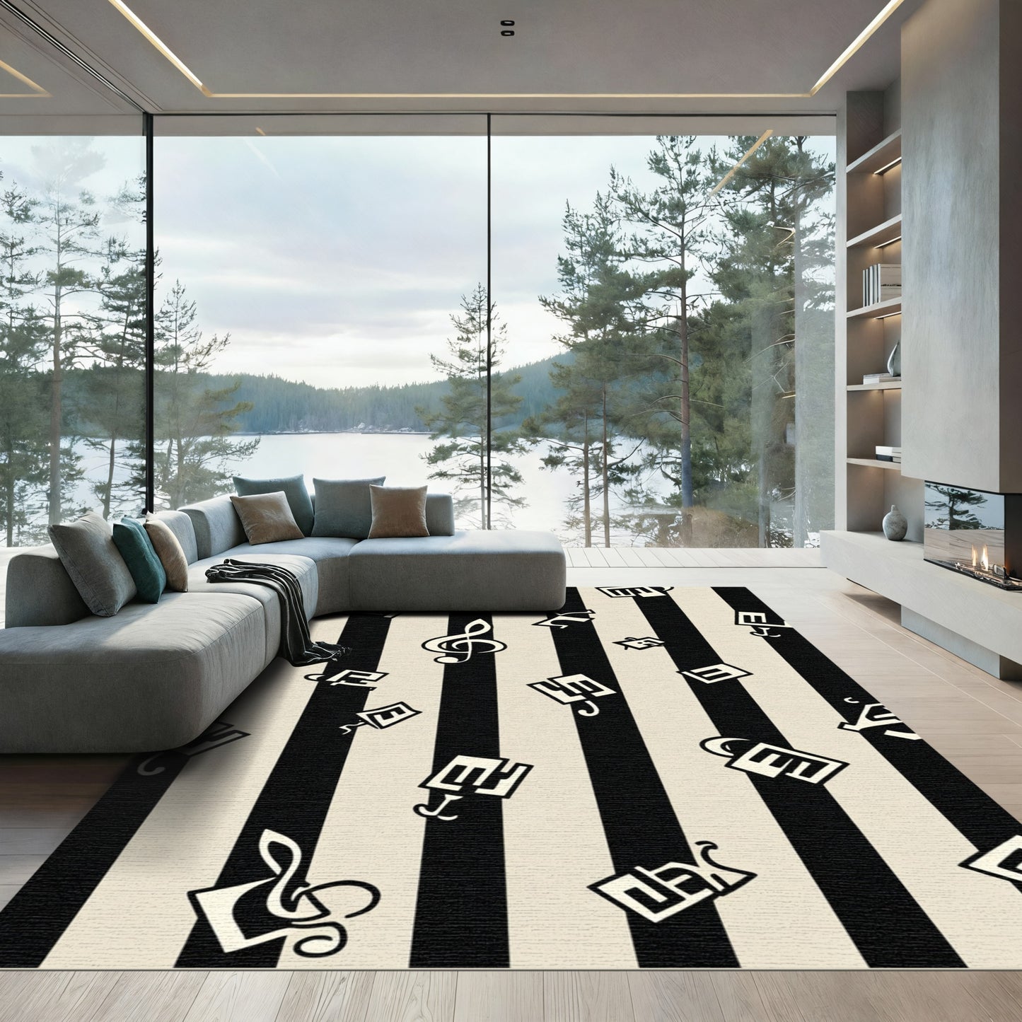 Black White Musical Notes Stripes Rug