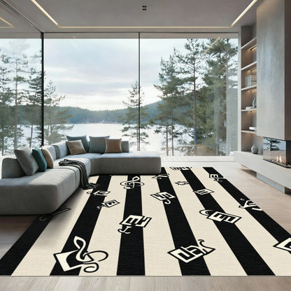 Black White Musical Notes Stripes Rug