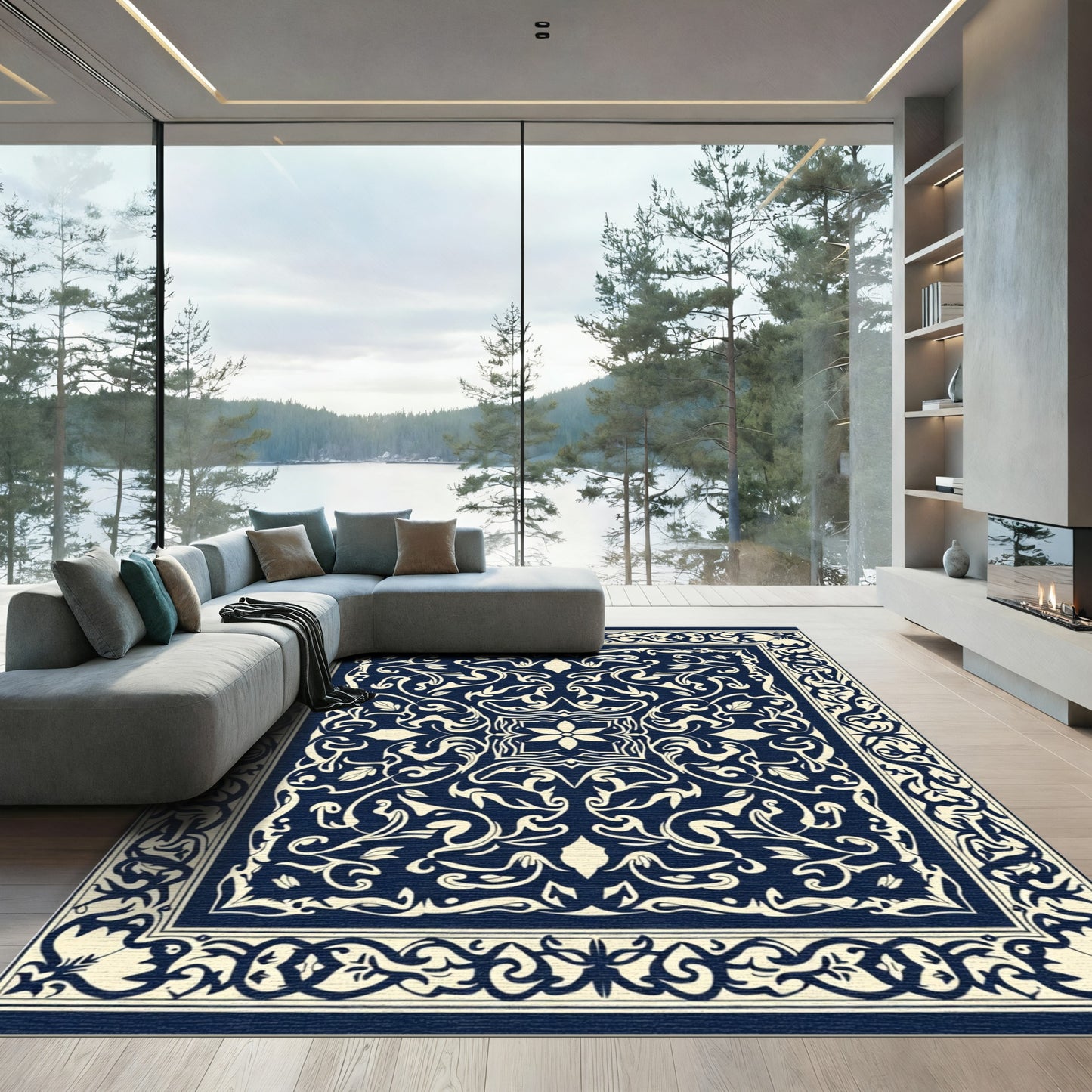 Sophisticated Dark Blue Floral Medallion Rug