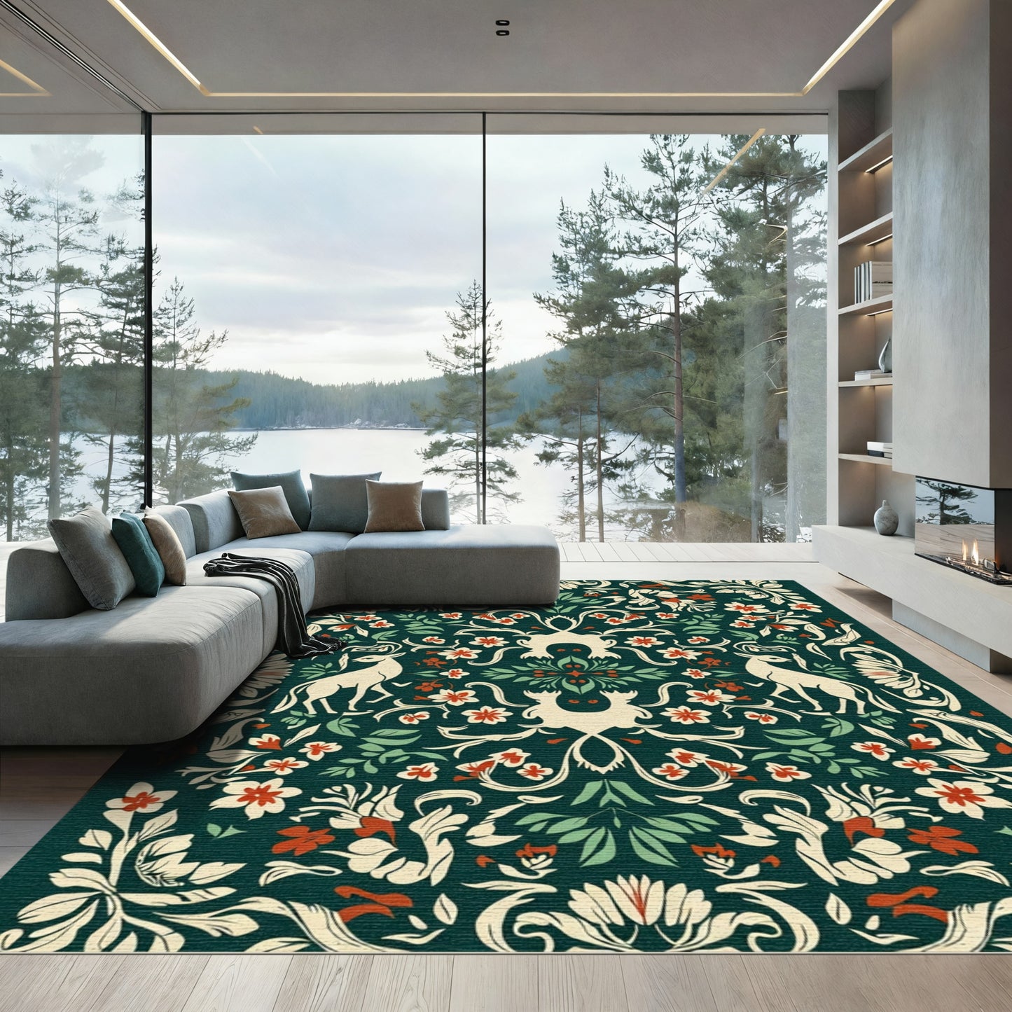 Deep Green Floral Deer Garden Arrangement Rug