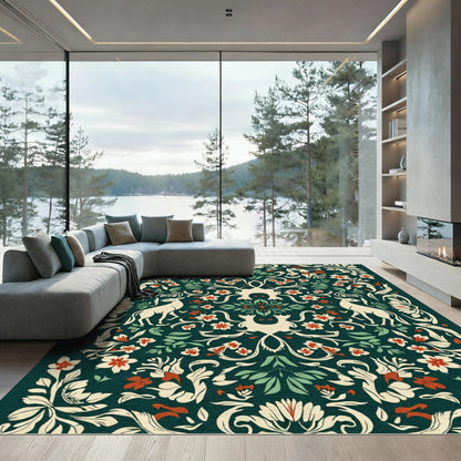 Deep Green Floral Deer Garden Arrangement Rug