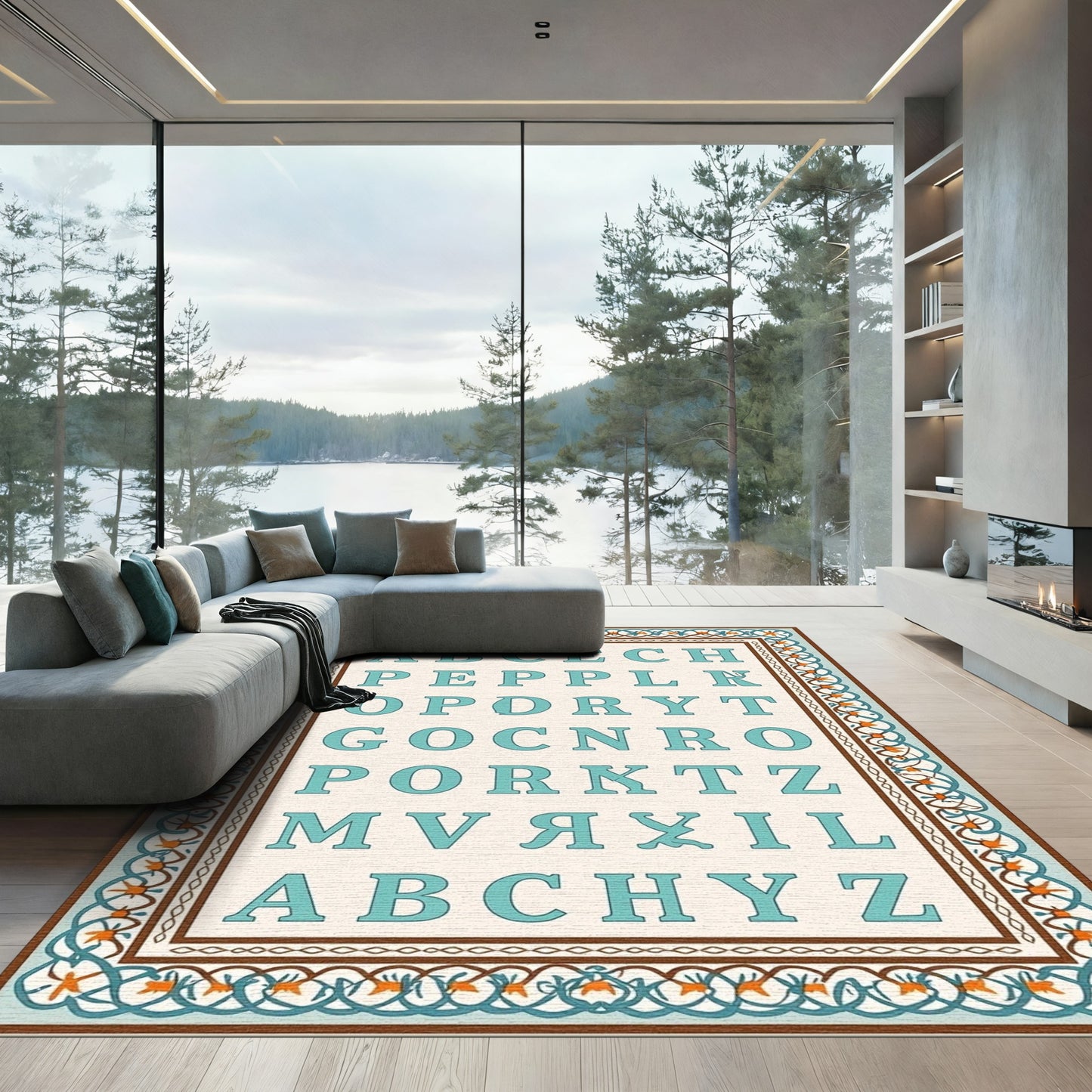 Aqua Alphabet Geometric Border Rug
