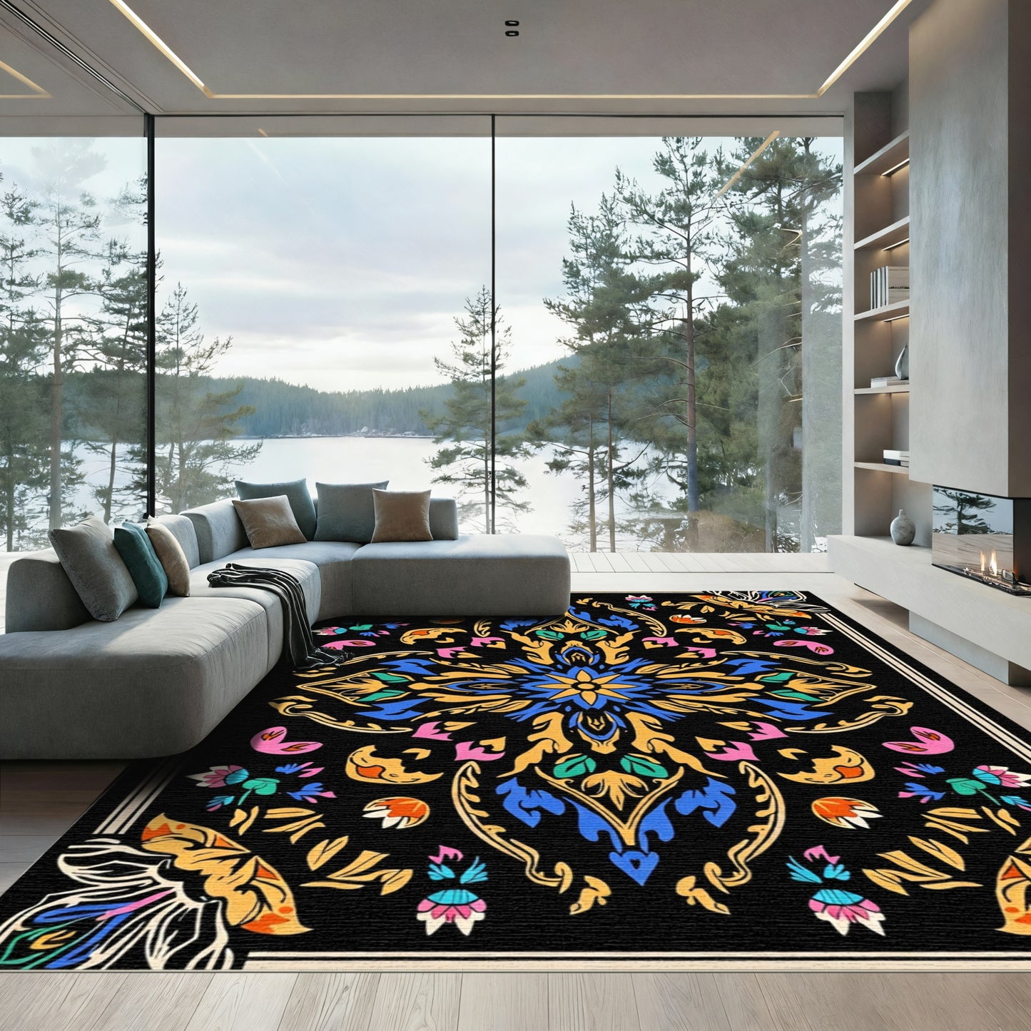 Vibrant Black Floral Medallion Rug