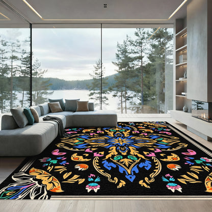 Vibrant Black Floral Medallion Rug