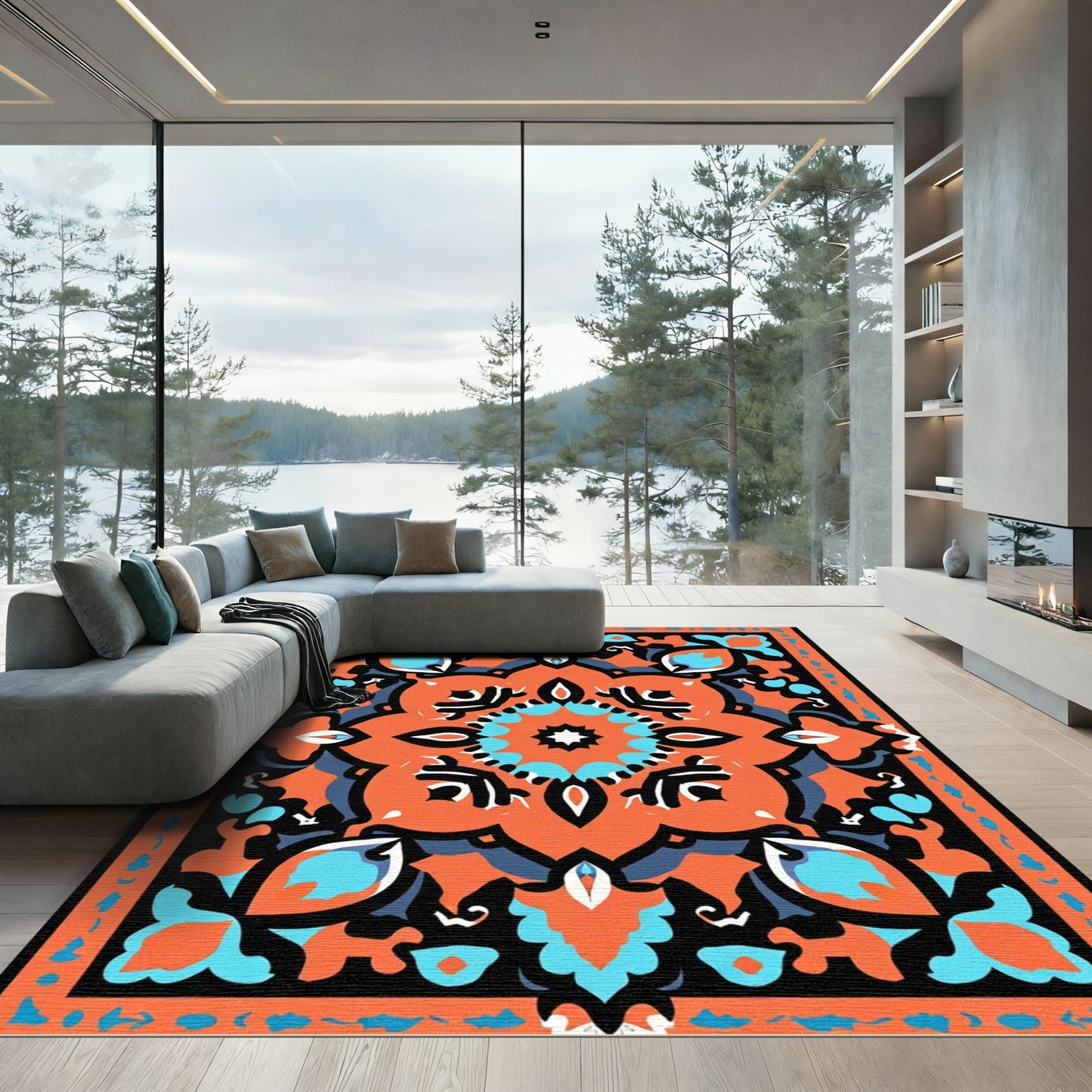Vivid Orange Medallion Black Border Rug