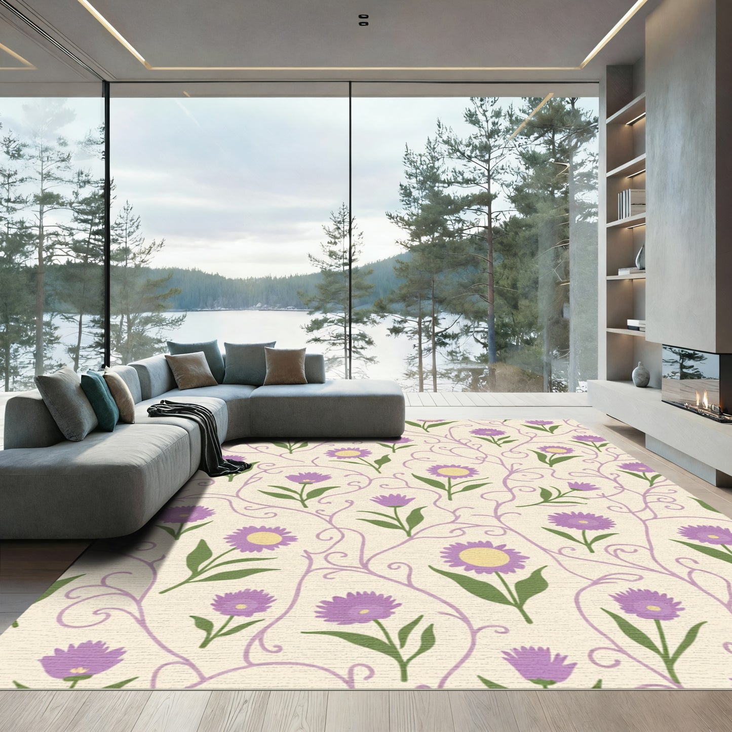 Delicate Lavender Floral Vine Scroll Rug