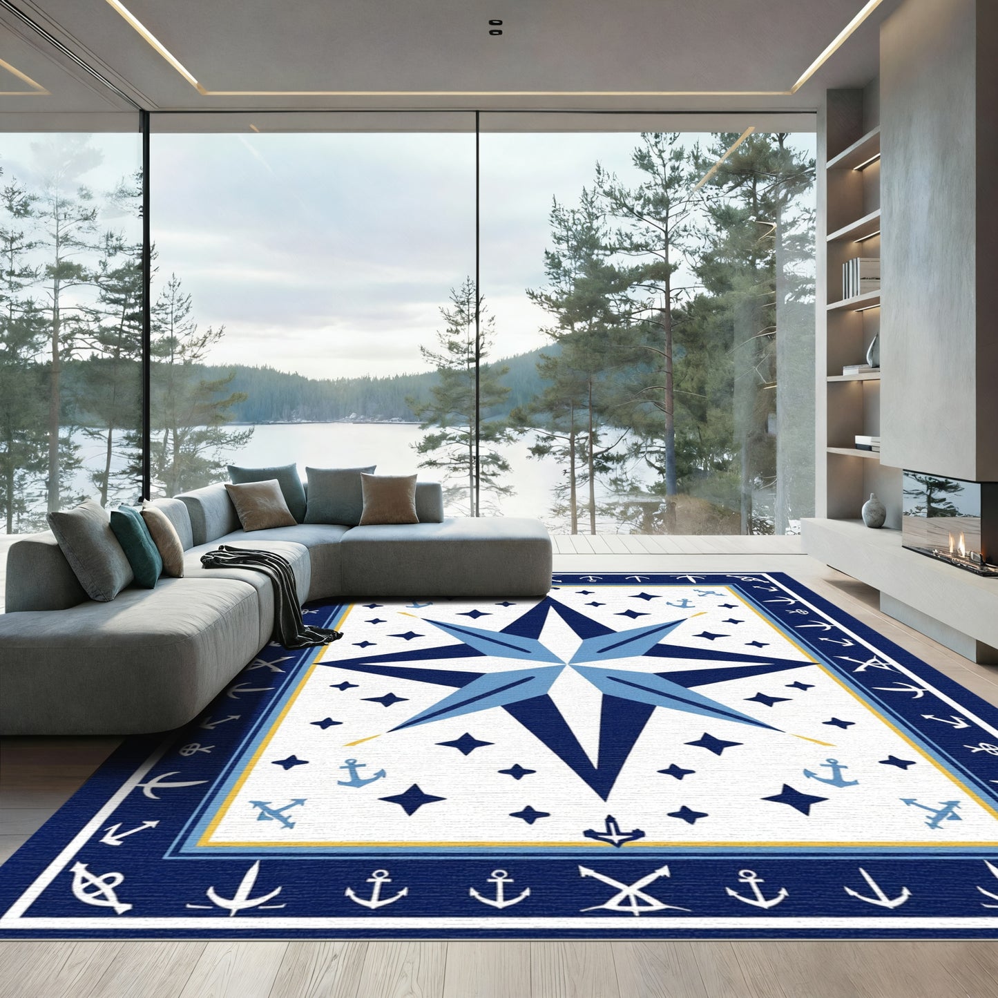 Nautical Compass Rose Anchor Star Rug