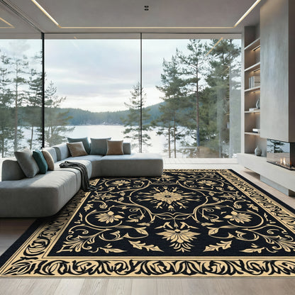 Gold Floral Vine Black Rectangle Rug