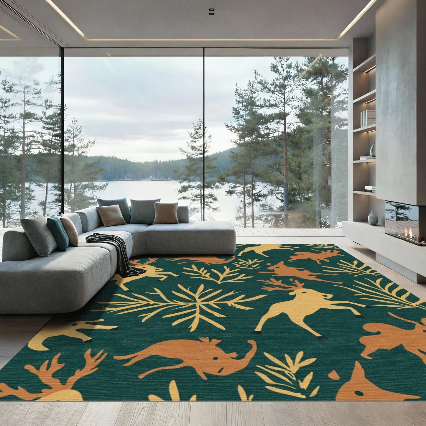 Golden Deer Teal Woodland Print Rug