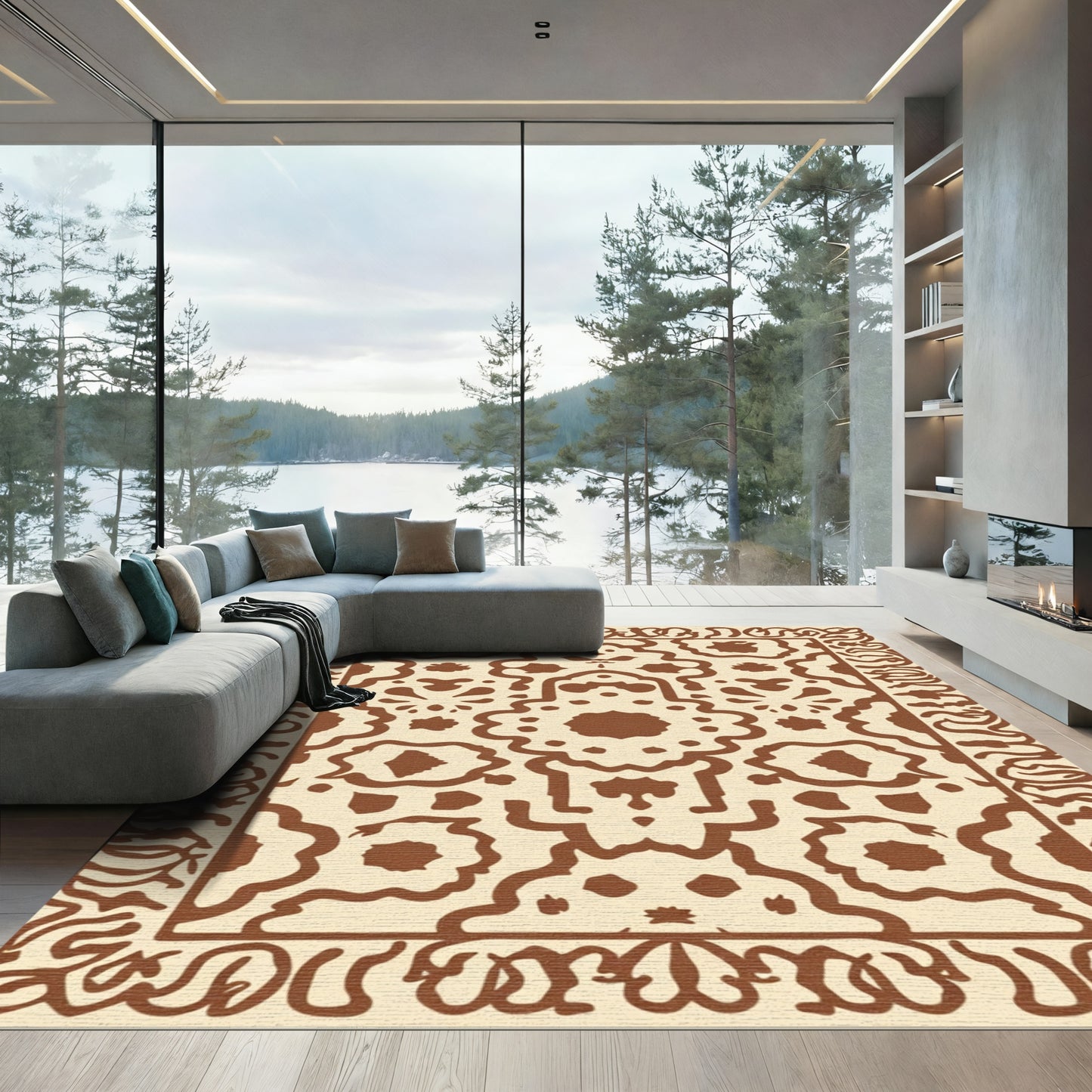 Cream And Brown Ornate Paisley Medallion Rug