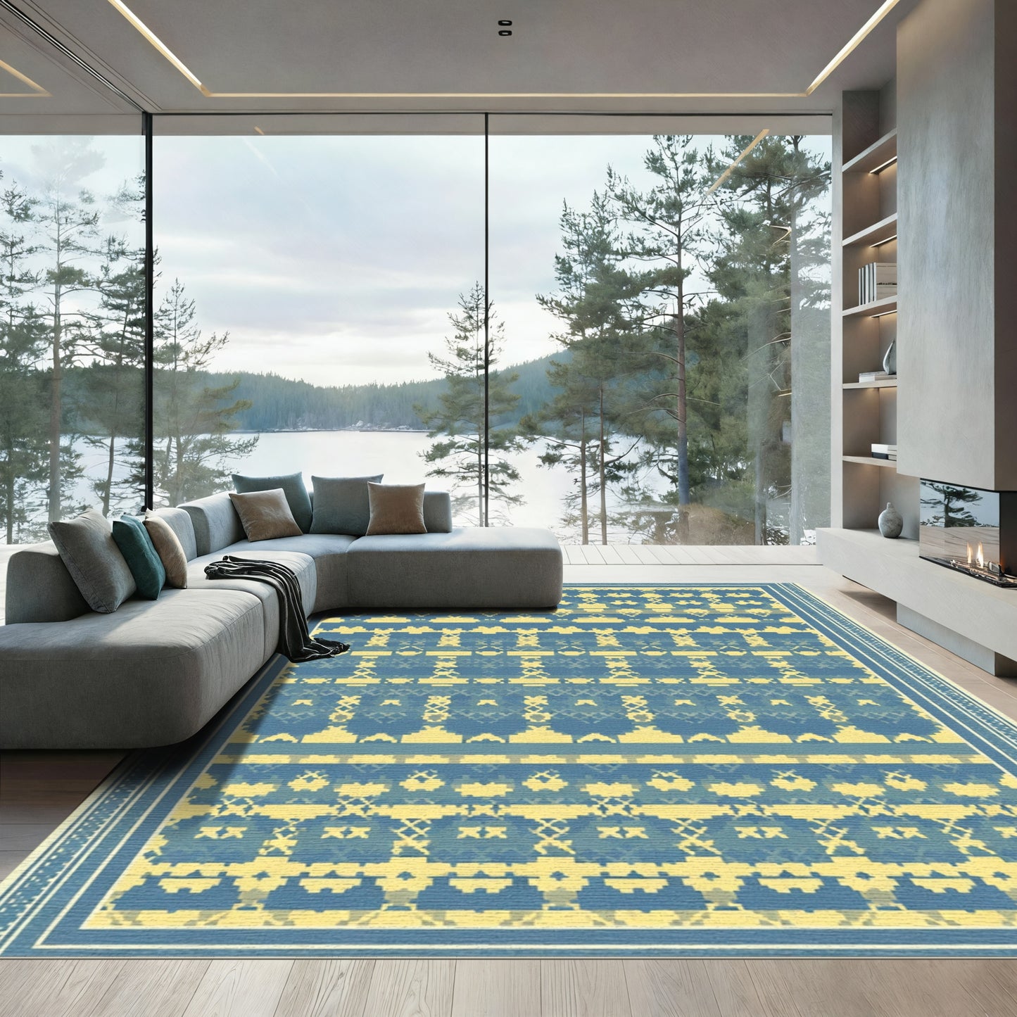 Blue Yellow Pixelated Geometric Borders Rug