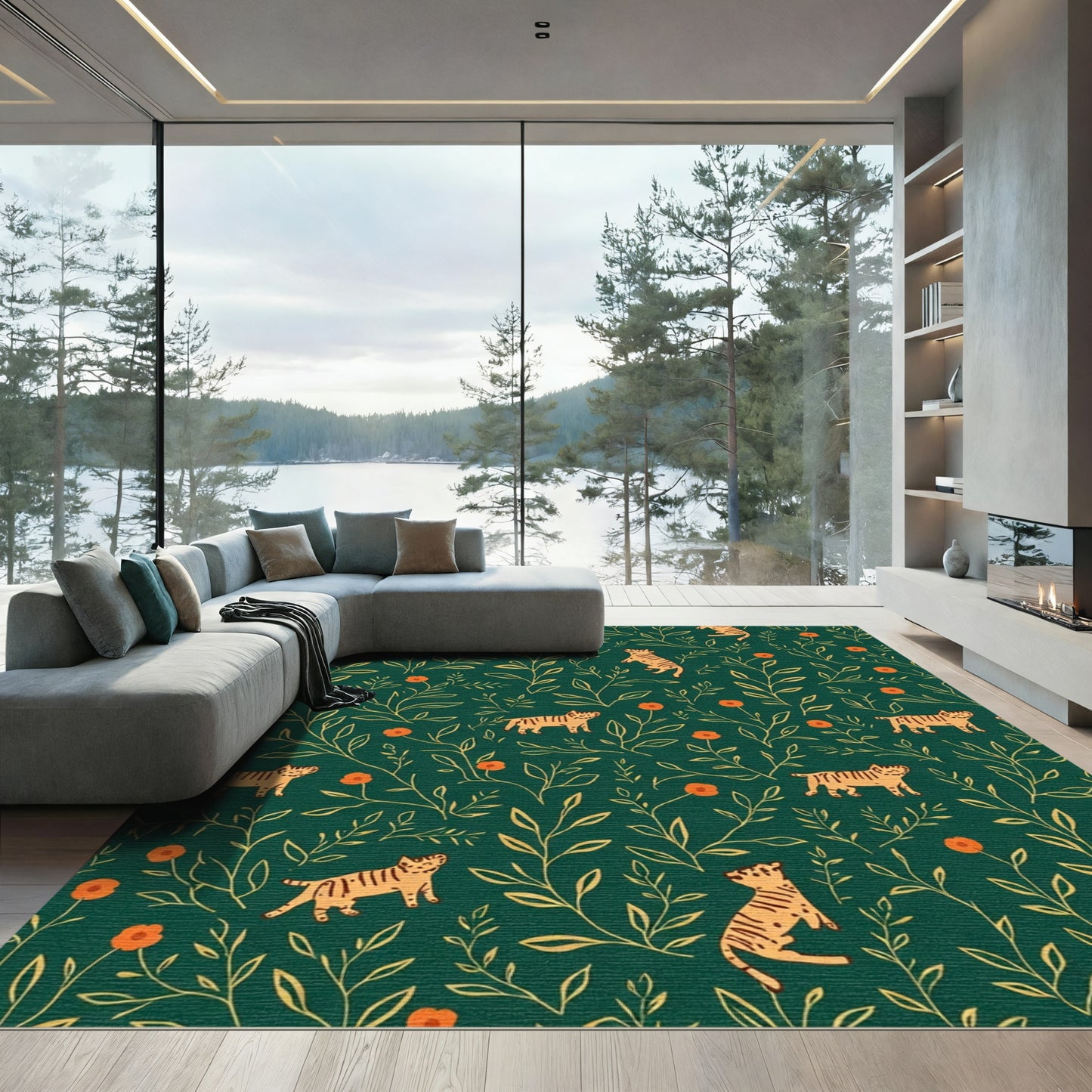 Tigers Among Oranges Botanical Emerald Rug