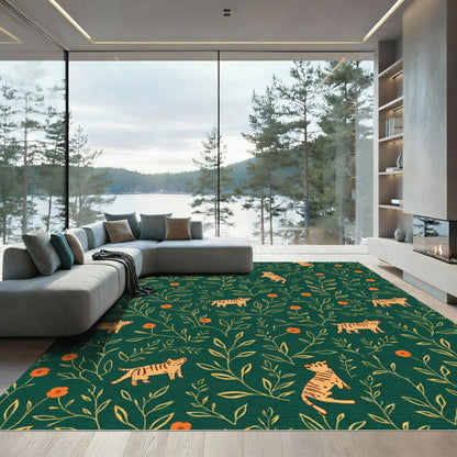 Tigers Among Oranges Botanical Emerald Rug
