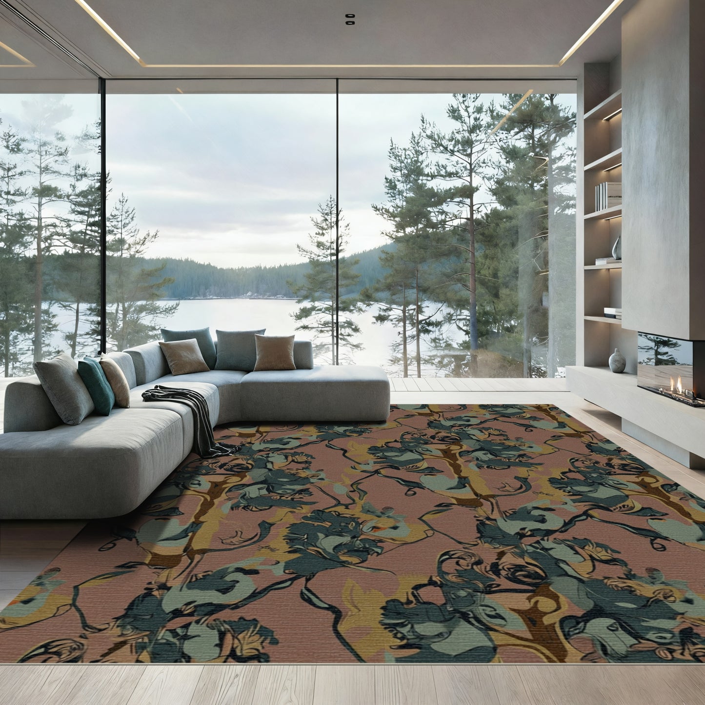 Earthy Tones Abstract Floral Swirl Rug