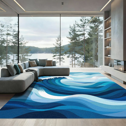 Bold Blue Abstract Ocean Waves Rug