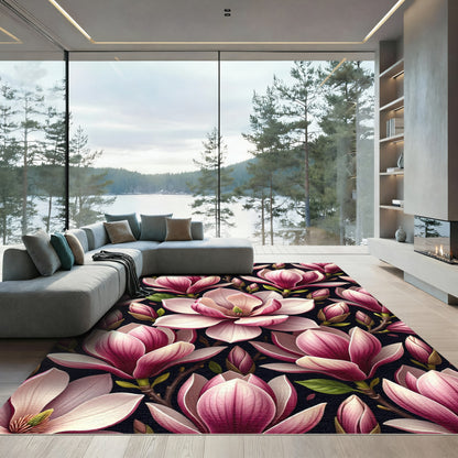 Magnolia Blooms Black background Rug