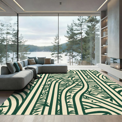 Cream and Dark Green Botanical Swirl Rug