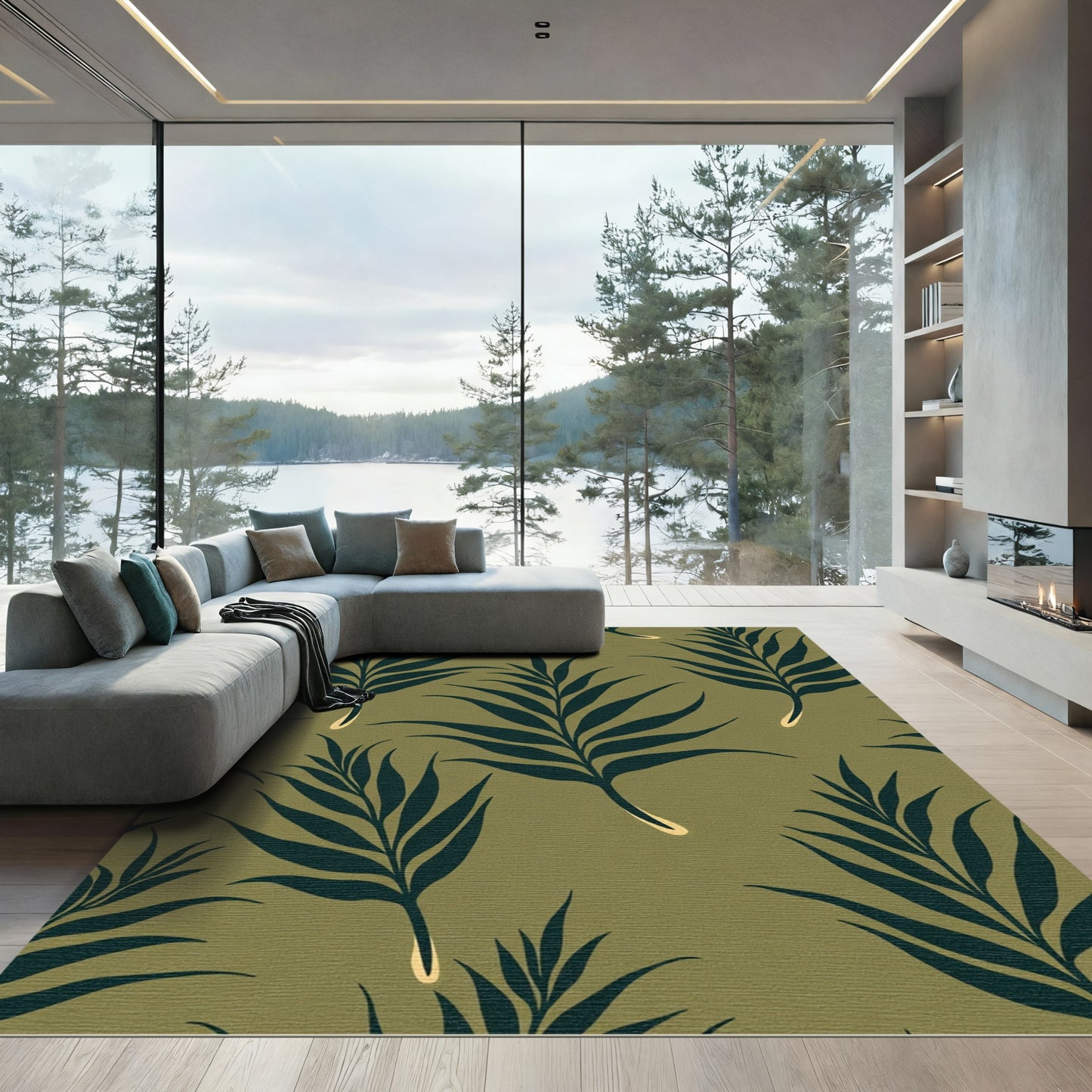 Dark Green Palm Frond Scatter Rug