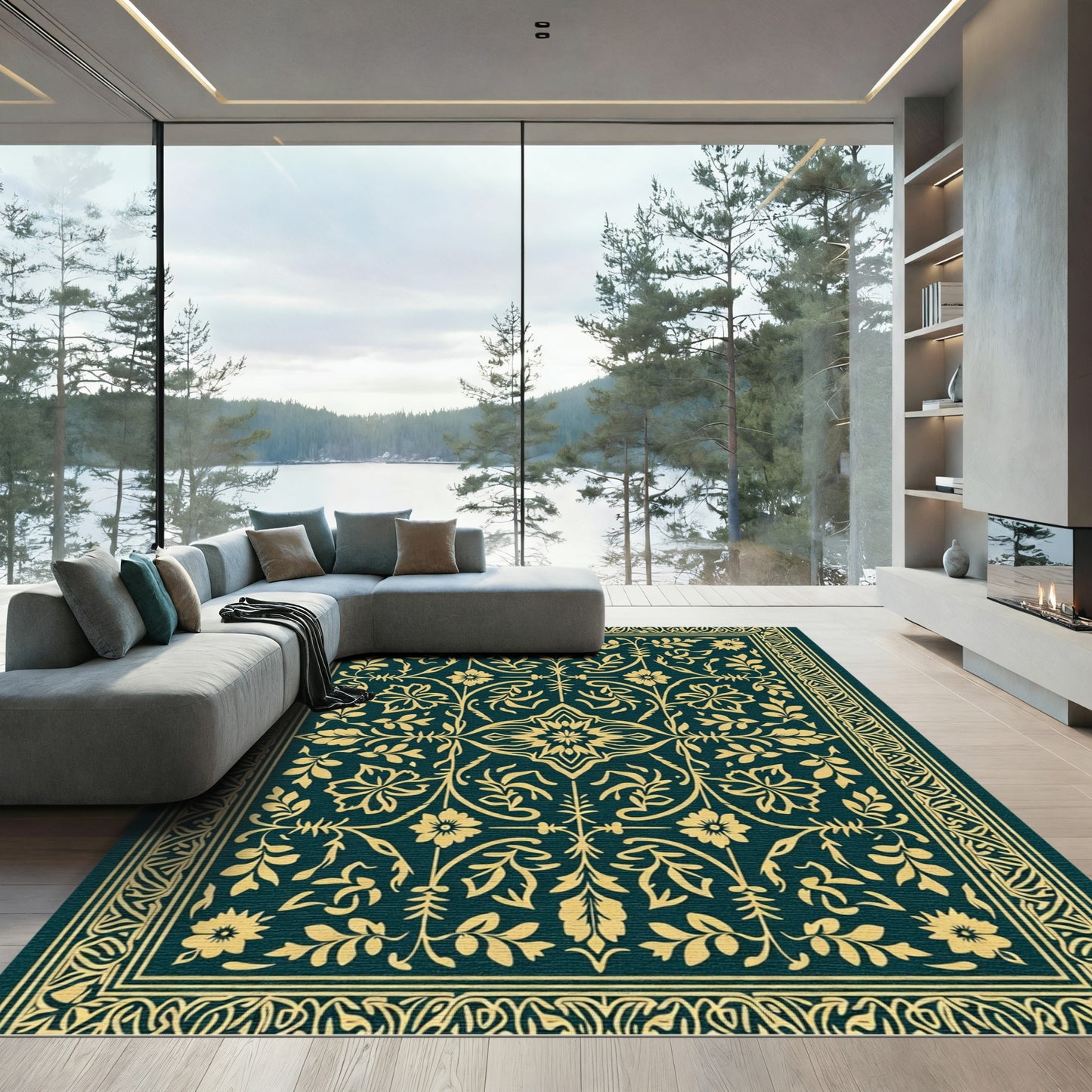 Regal Deep Teal Floral Scroll Rug