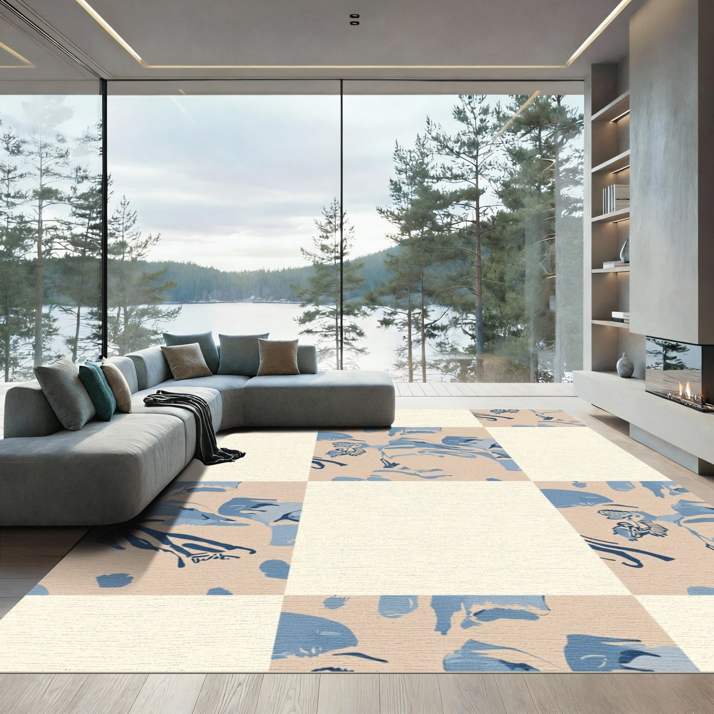 Beige Blue Abstract Face Tile Rug