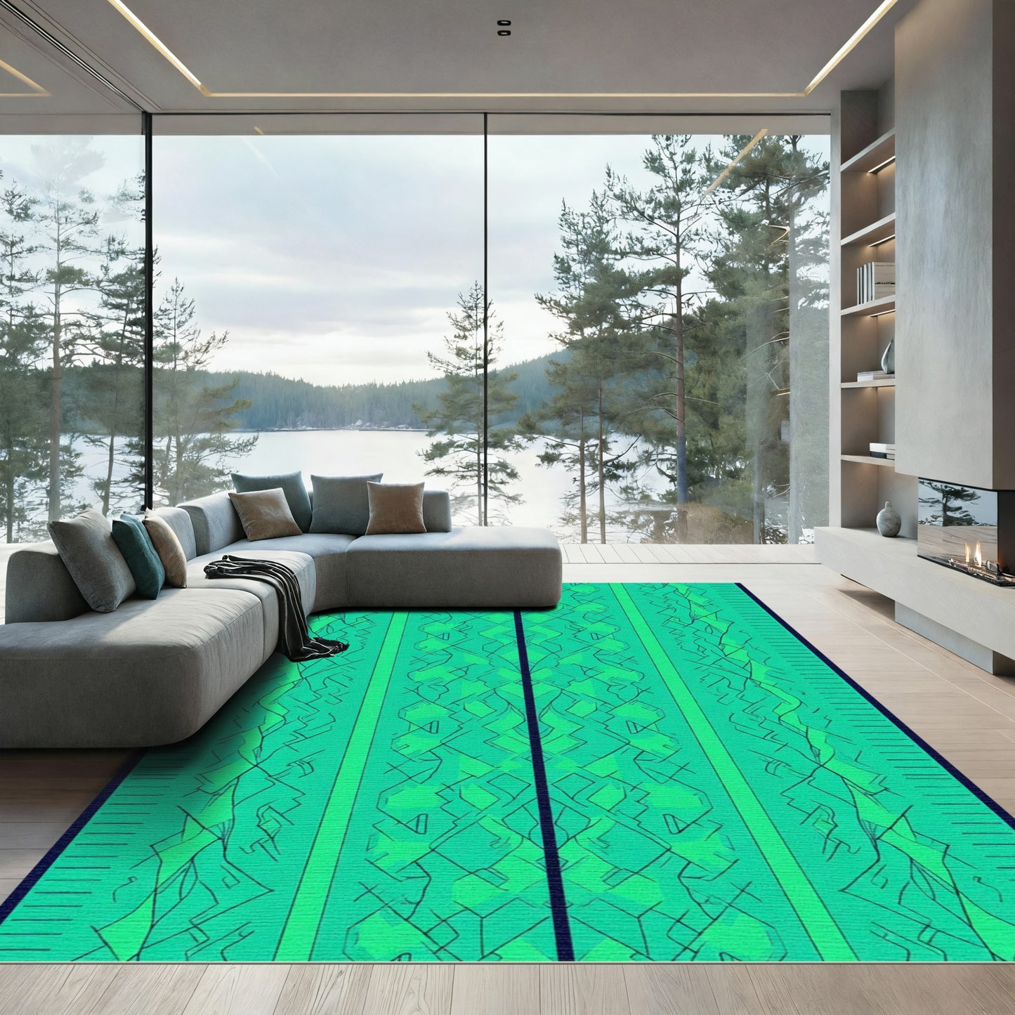 Emerald Green Geometric Lattice Stripe Rug