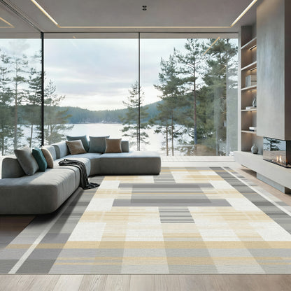 Soft Beige Rectangular Grid Rug