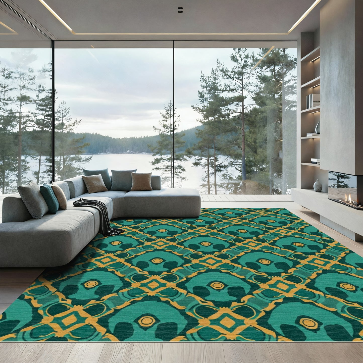 Teal Gold Lattice Arch Medallion Riad Rug