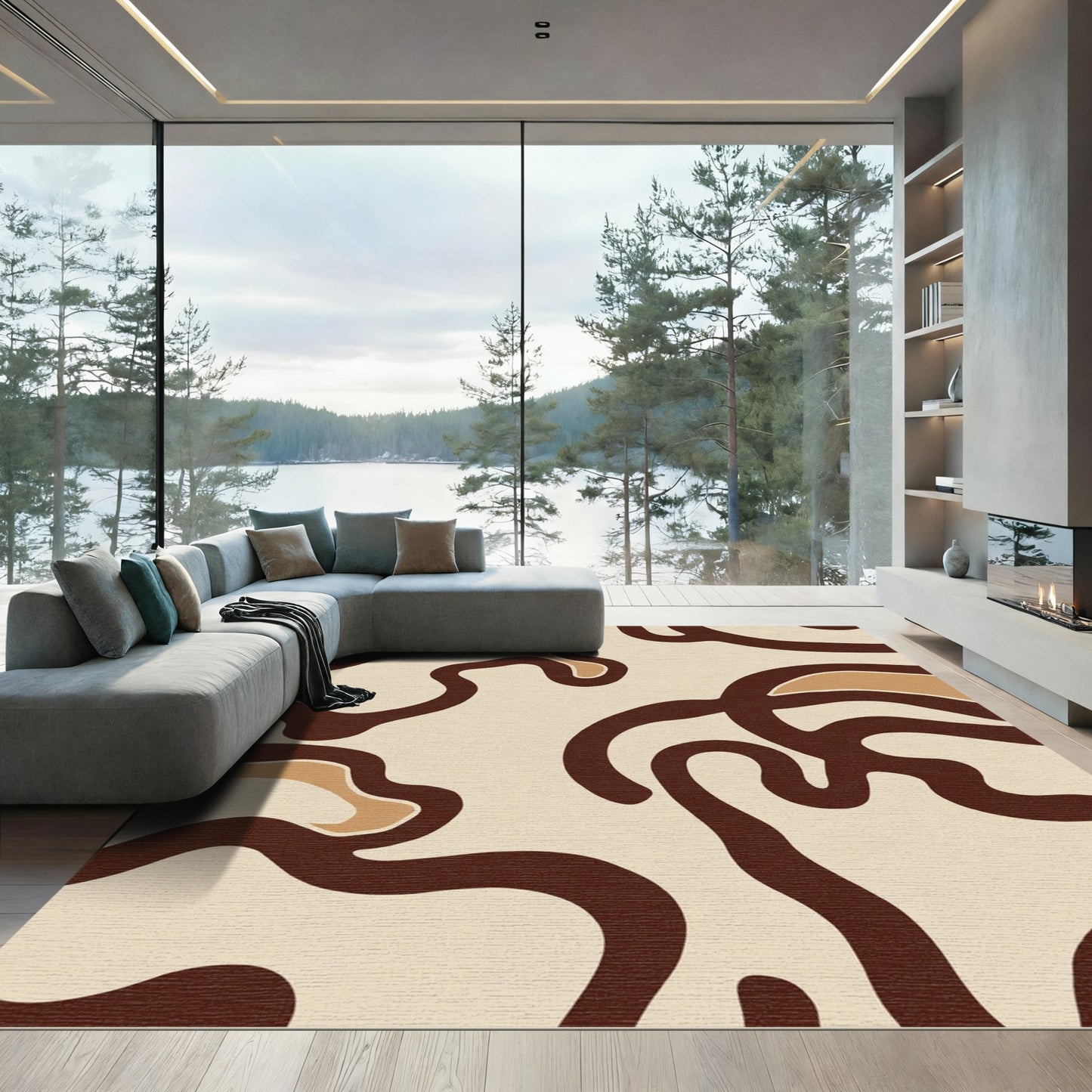 Warm Brown Swirling Organic Abstract Rug