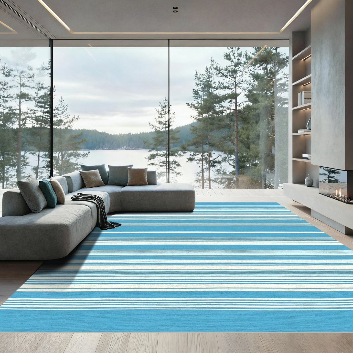 Bold Blue White Horizontal Stripe Rug