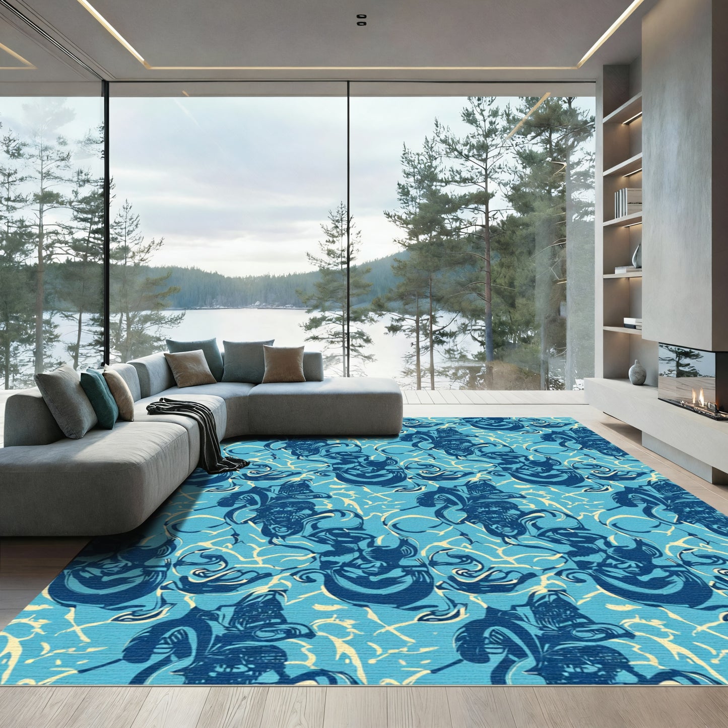 Dynamic Blue Swirl Organic Abstract Rug