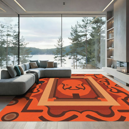 Orange Tribal Mask Geometric Medallion Rug