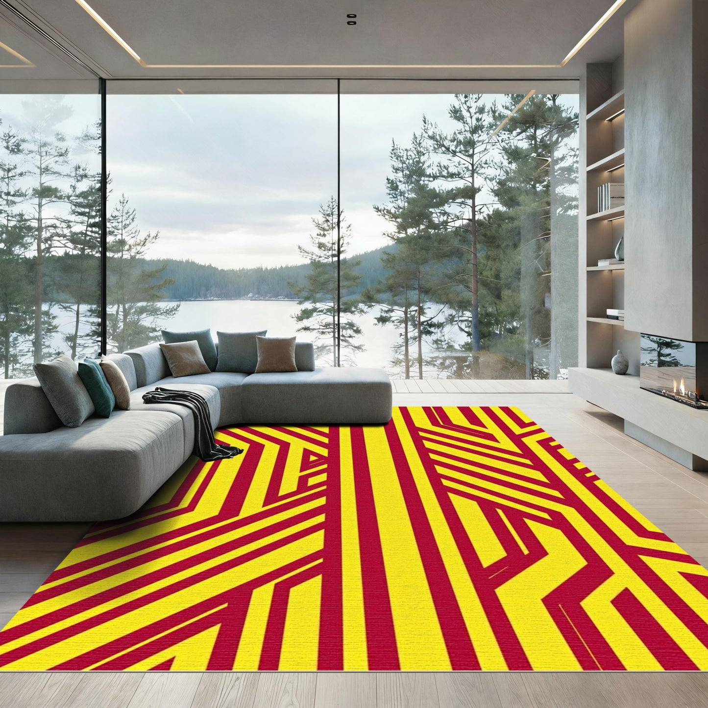 Bold Red Yellow Geometric Lines Rug