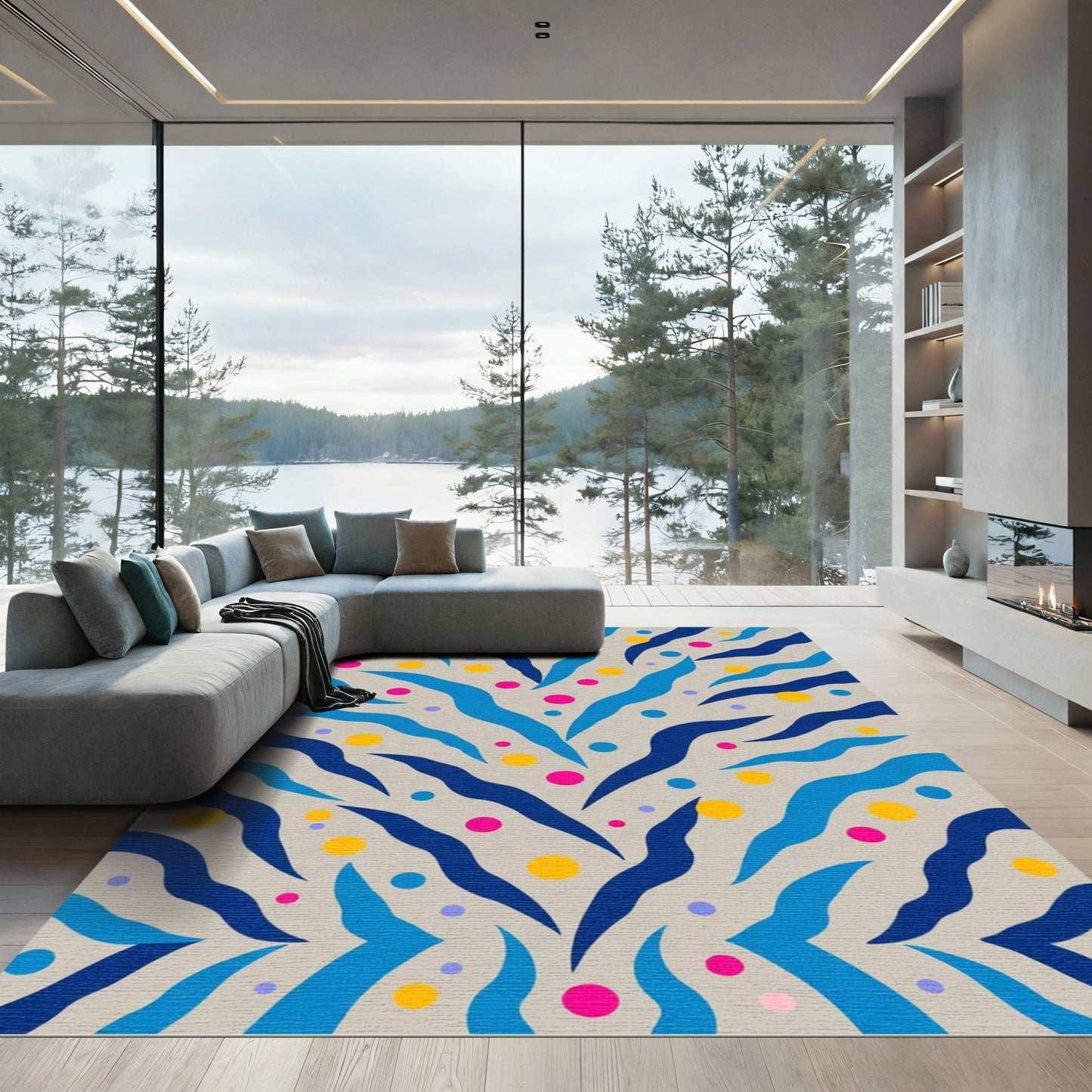Abstract Blue Swirls Dots Rug