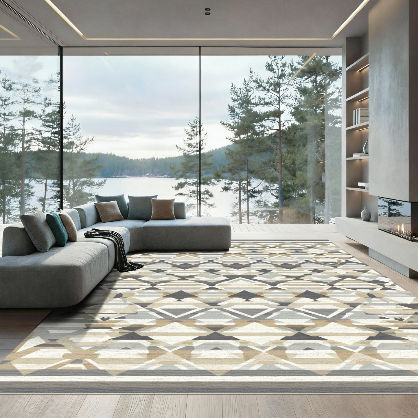 Geometric Diamond Tan and Gray Rug