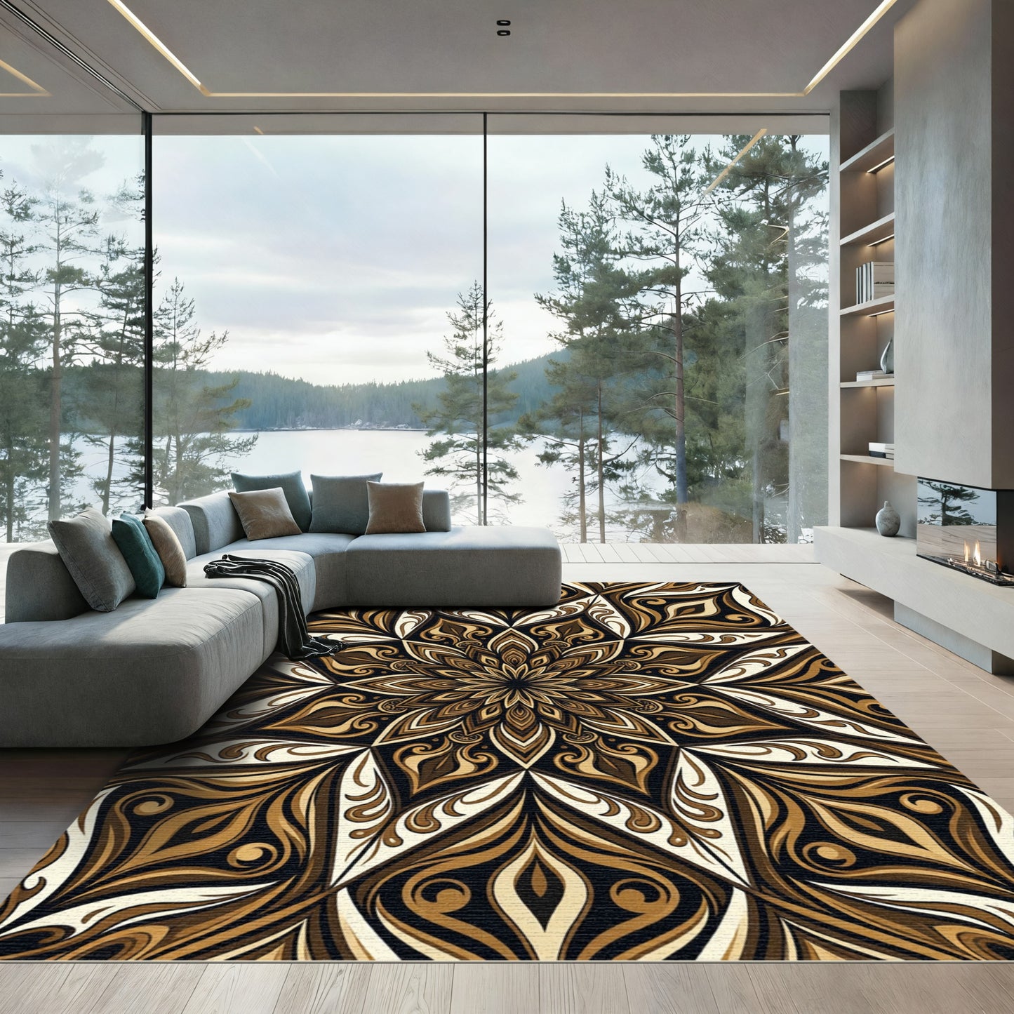Symmetrical Brown Golden Mandala Swirl Rug