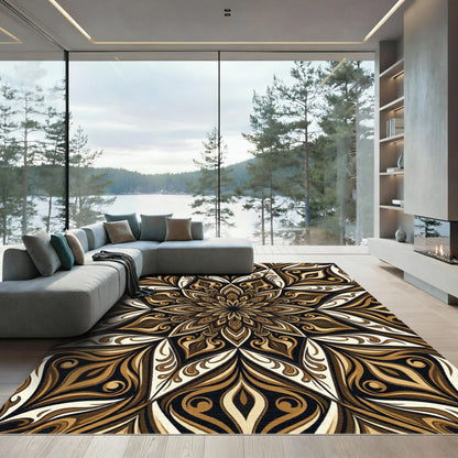 Symmetrical Brown Golden Mandala Swirl Rug