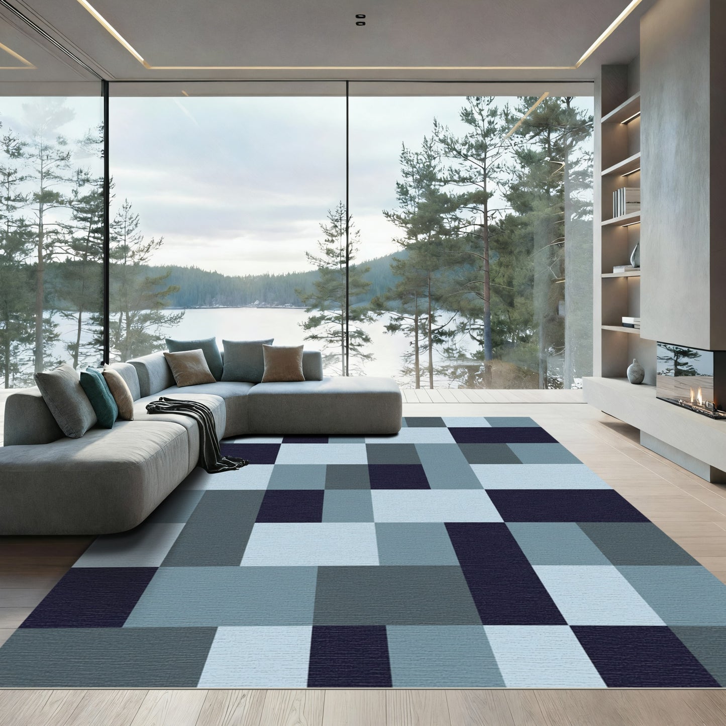 Cool Navy Blue Geometric Blocks Rug