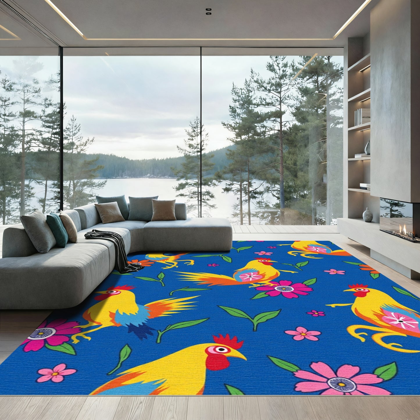 Bold Yellow Roosters Floral Garden Rug
