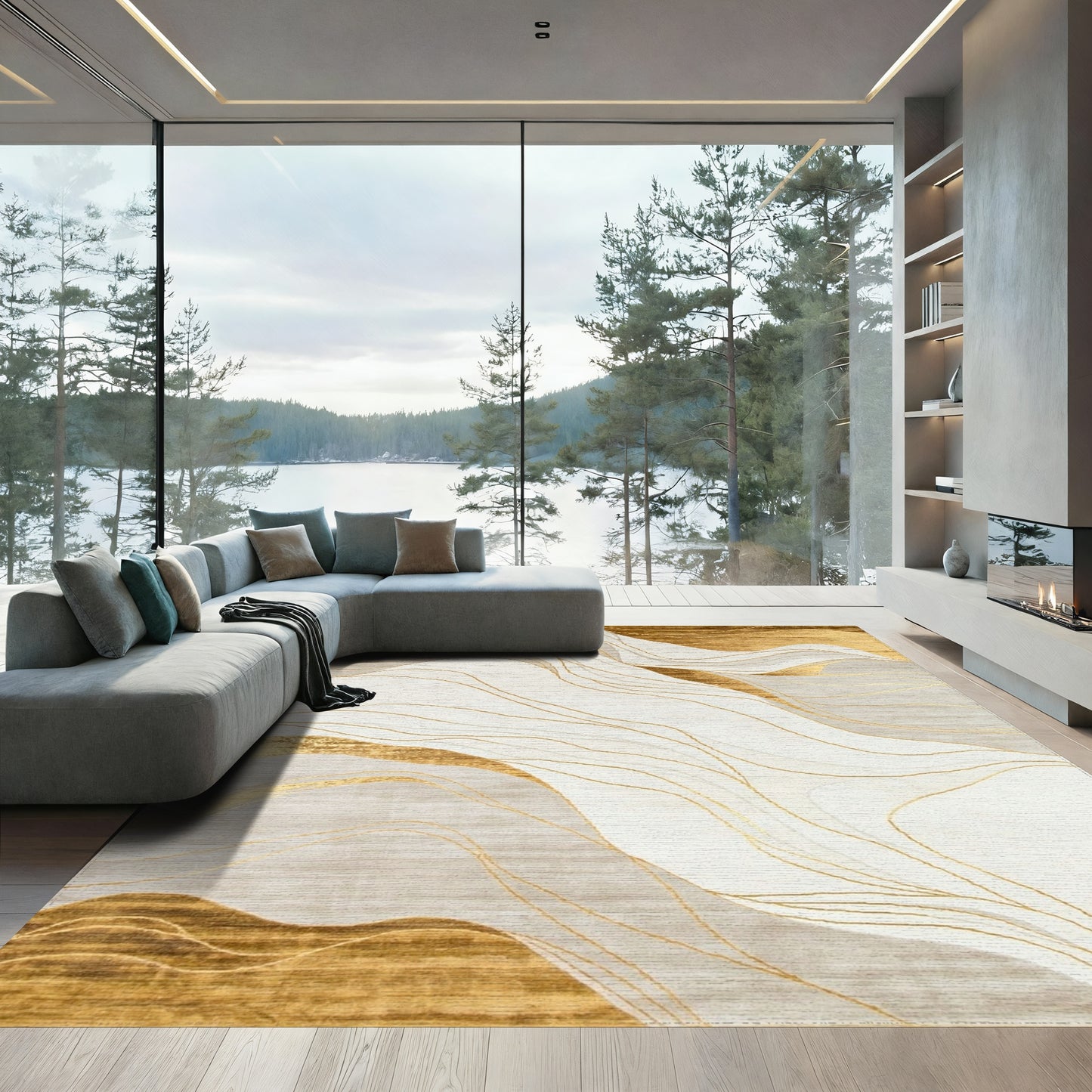 Fluid Gold Gray Wave Rug