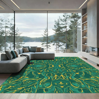 Emerald Golden Abstract Swirl Rug