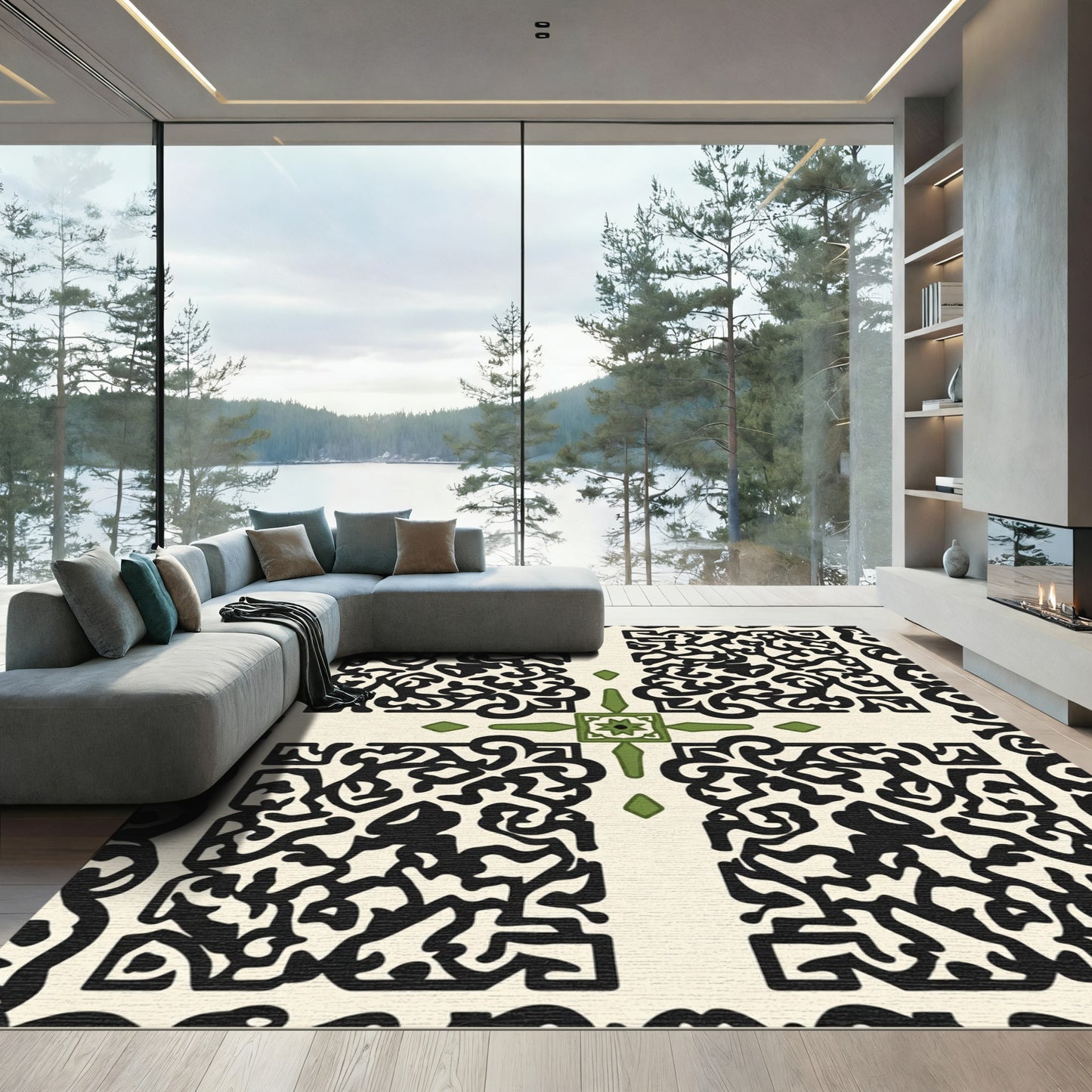 Cream Black Green Ornate Tile Rug
