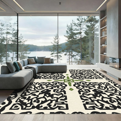 Cream Black Green Ornate Tile Rug