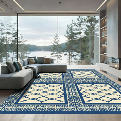 Blue Ivory Geometric Quatrefoil Panels Rug