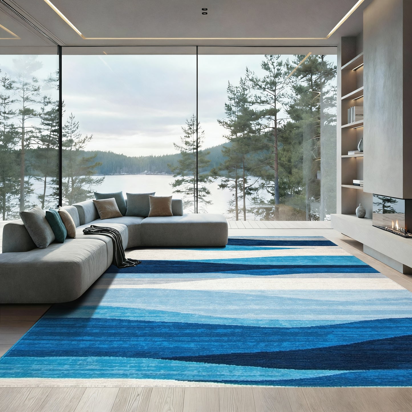 Navy Blue Layered Waves Rug