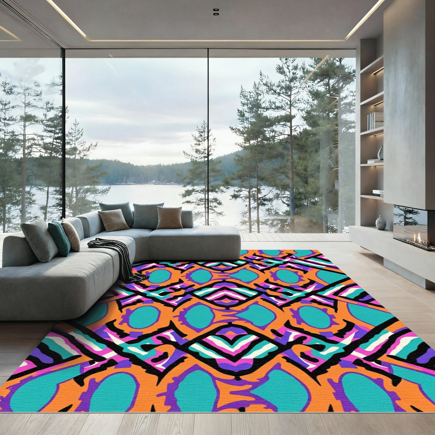 Bold Orange Teal Geometric Zigzag Rug