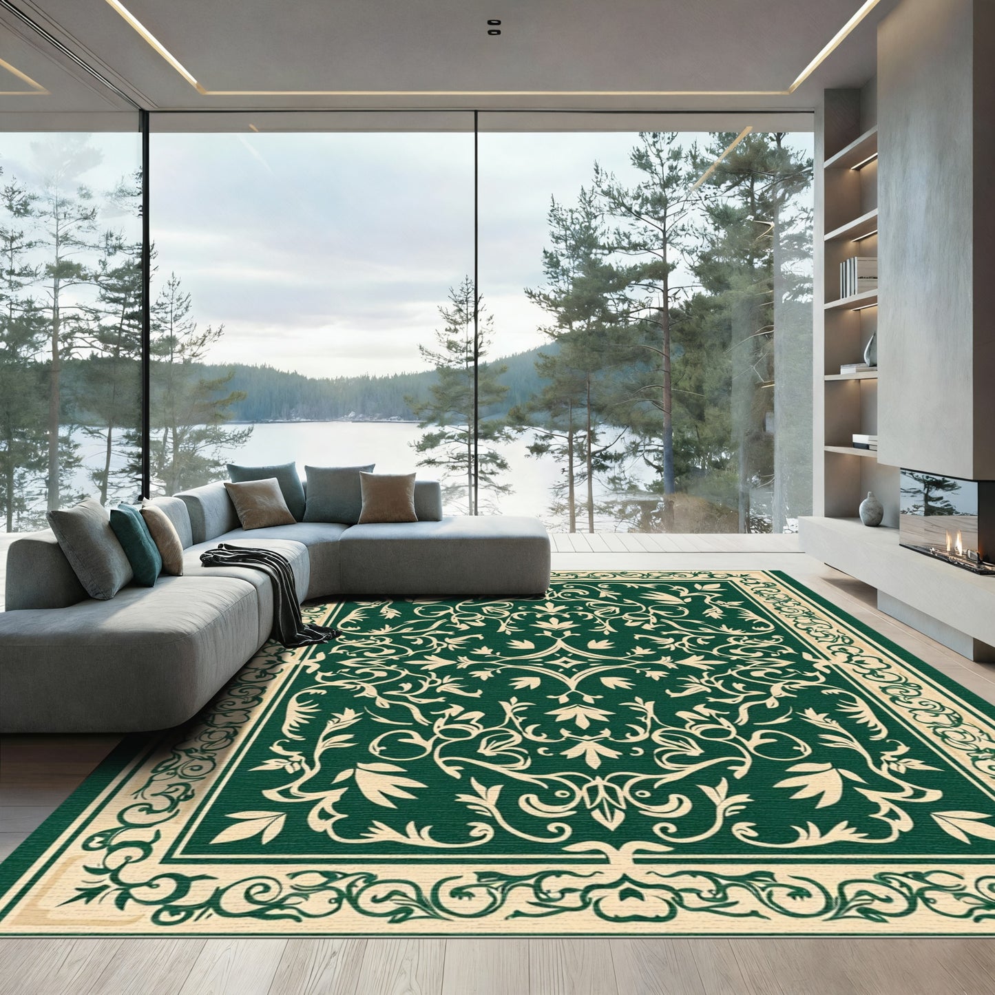 Elaborate Dark Green Floral Vines Rug